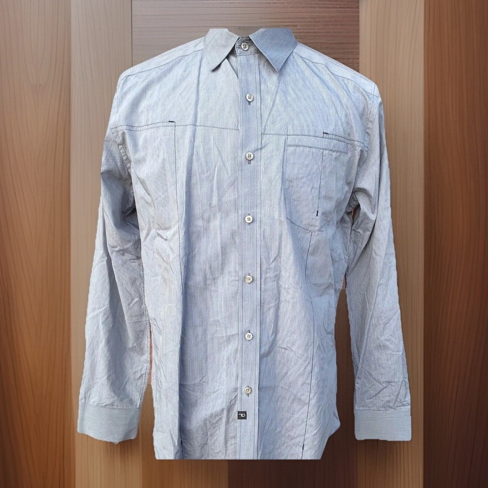 Mens Modern Pinstripe Button Down Shirt Slate Blue Cotton 7 Diamonds L
